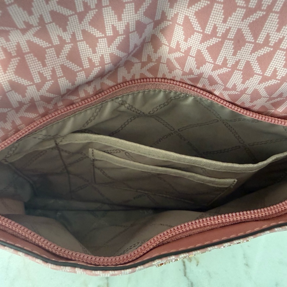 Michael Kors Pink Prescott Large Signature Logo Print Woven Backpack - Picture 6 of 15